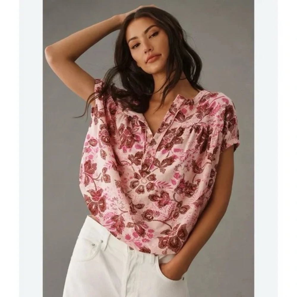 Anthropologie Pilcro Ruched Henley Tee S Pink Floral Print 100% Cotton Boho Top - Picture 1 of 6